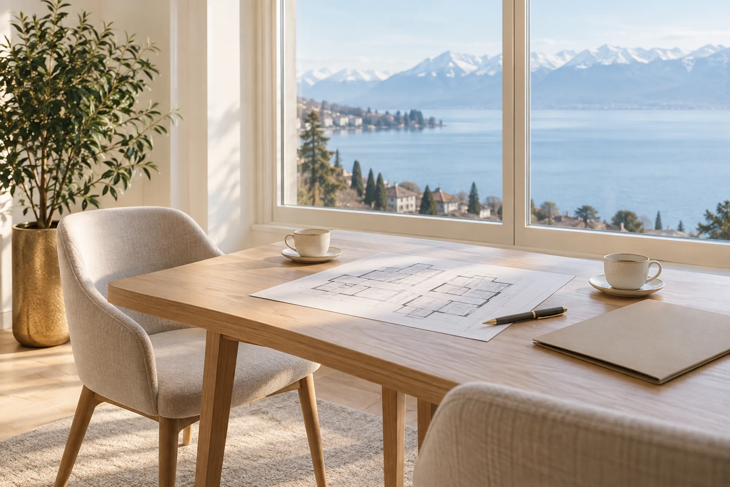 La table du rendez-vous, face au Léman